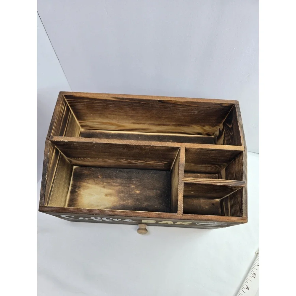 Rustic Wood Coffee Bar Organizer Countertop Station Drawer Farmhouse Decor